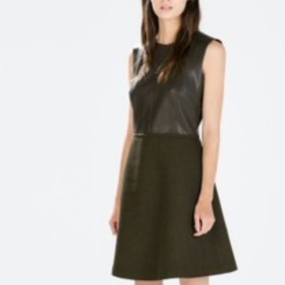 🐠ZARA Khaki Brown Eco Leather Dress Wool faux leather
